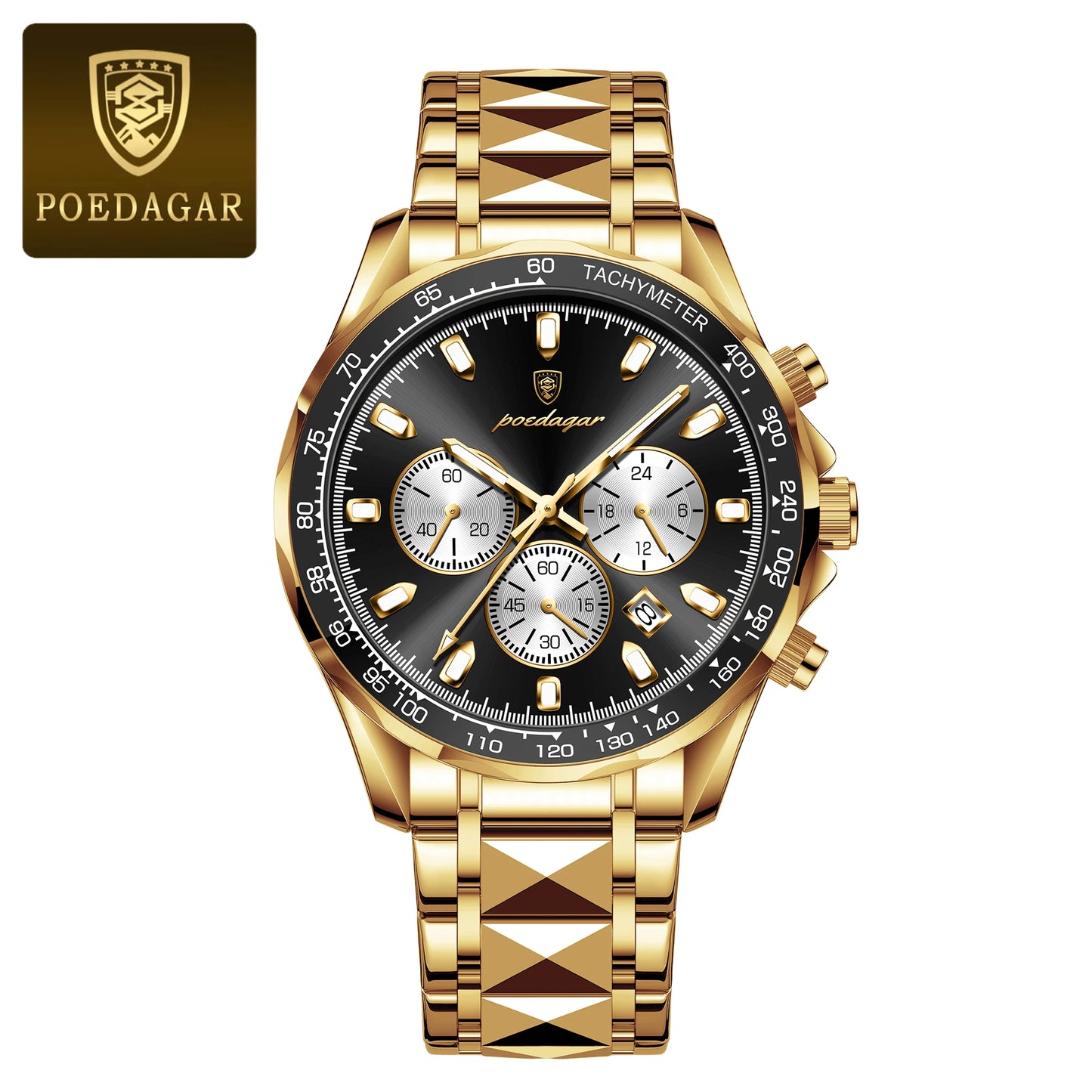 POEDAGAR Montre Homme Luxe Étanche Lumineuse en Acier Inoxydable Montre Chronographe à Quartz avec Date pour Homme d'Affaires