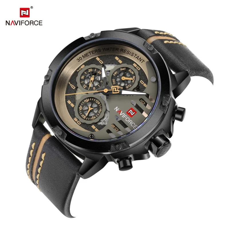 Montre Homme NAVIFORCE, Marque de Luxe, Étanche, Affichage 24 Heures, Date, Mouvement à Quartz, Bracelet en Cuir, Montre-Bracelet Sport pour Homme, Étanche