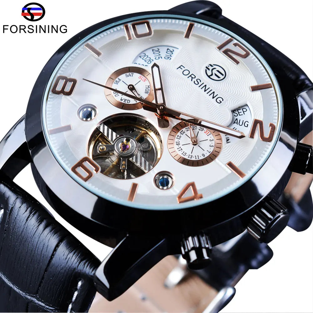 Montre mécanique automatique Forsining Tourbillon Fashion Wave noire et dorée multifonction pour homme, marque de luxe de qualité supérieure
