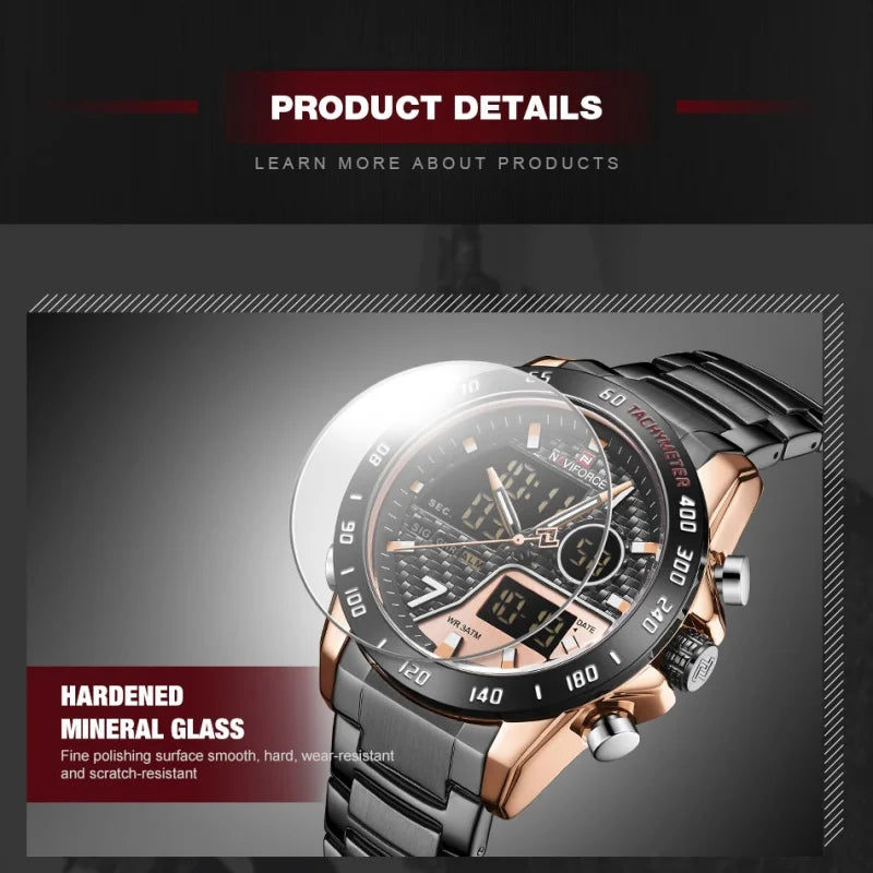 Montres NAVIFORCE Hommes Quartz Double Affichage Lumineux Bracelet en Acier Inoxydable Montre-Bracelet Masculine Affaires Quotidiennes Cadeaux Fête des Pères