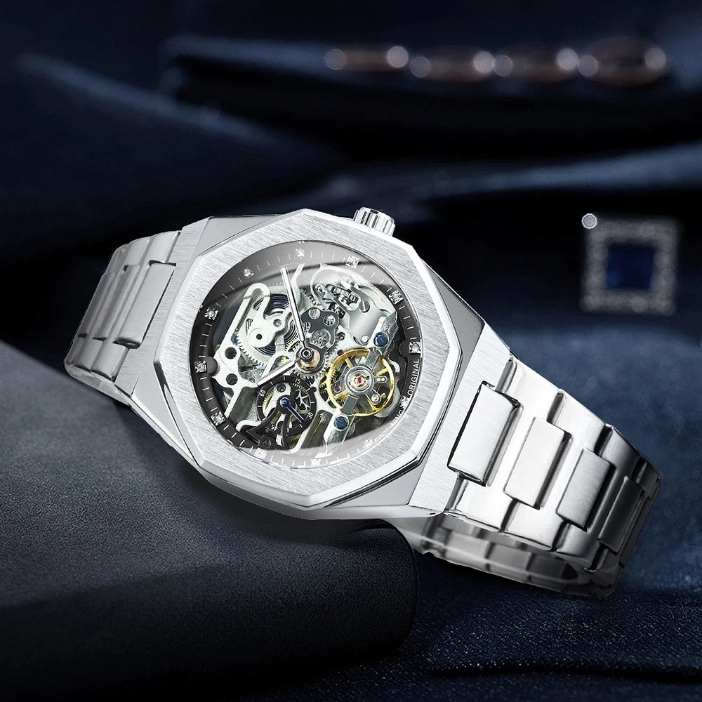 Montre mécanique squelette Forsining Tourbillon pour homme, aiguilles lumineuses, bracelet en acier inoxydable, montres automatiques tendance pour le travail