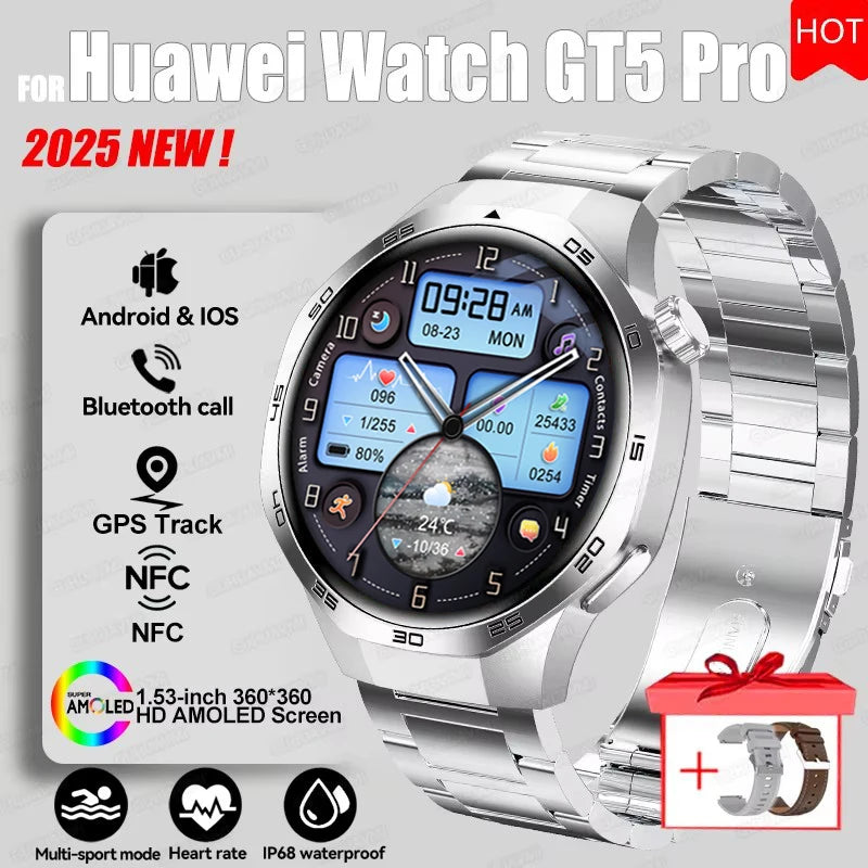 Montre connectée 2026 Watch 5 Pro GPS Suivi Boussole Hommes 360*360 Écran AMOLED NFC Appel BT Étanche Moniteur de Santé Montres Intelligentes Hommes