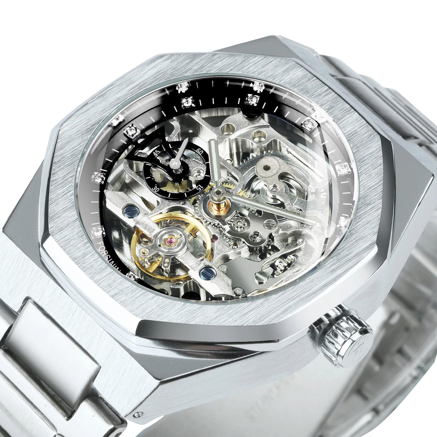 Forsining Montre automatique homme argentée 3D cadran diamanté Tourbillon irrégulier Squelette montres-bracelets mécaniques Aiguilles lumineuses Horloge