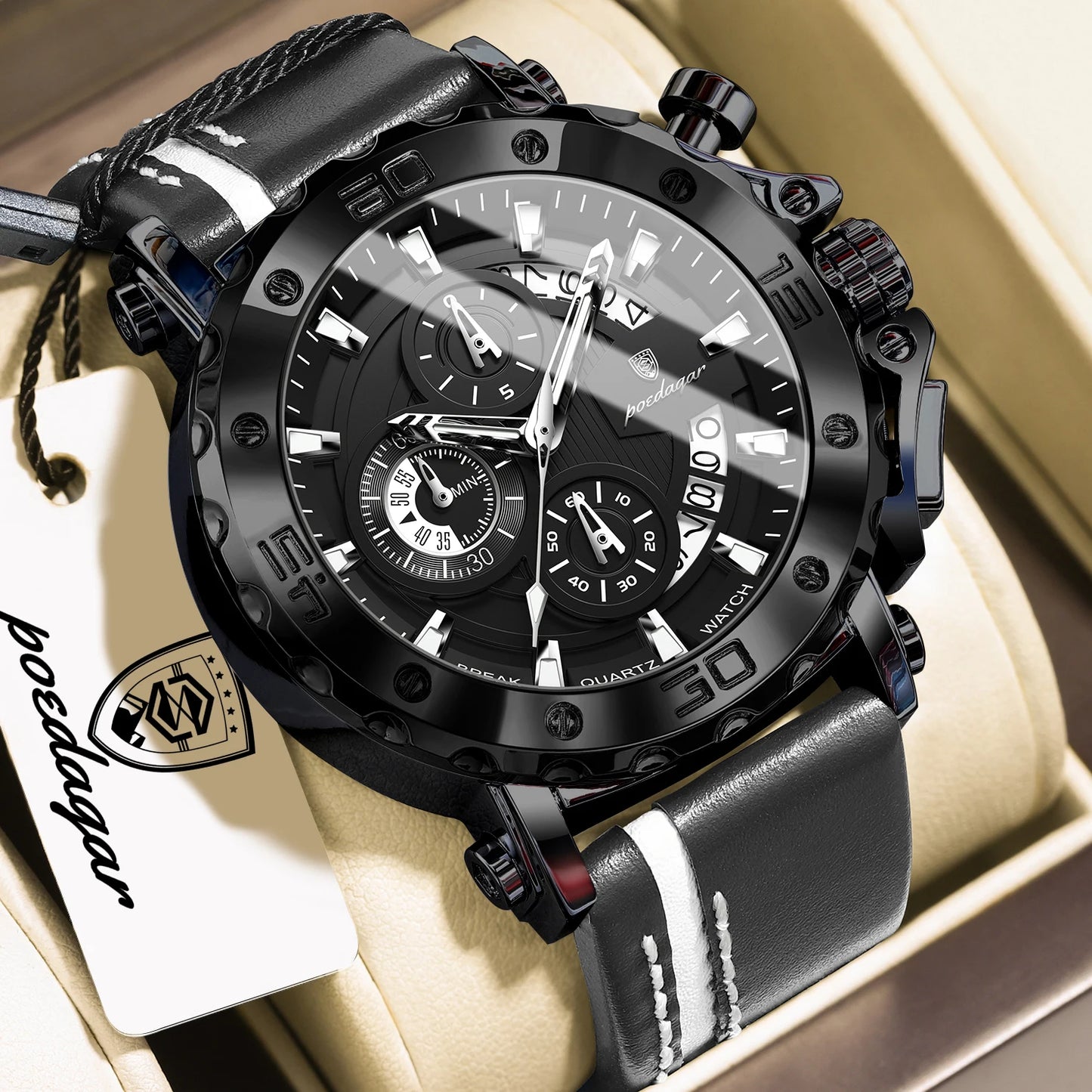 POEDAGAR Montres originales pour homme étanches lumineuses, date, mode, horloge masculine, chronographe, bracelet en cuir, montre-bracelet à quartz pour homme