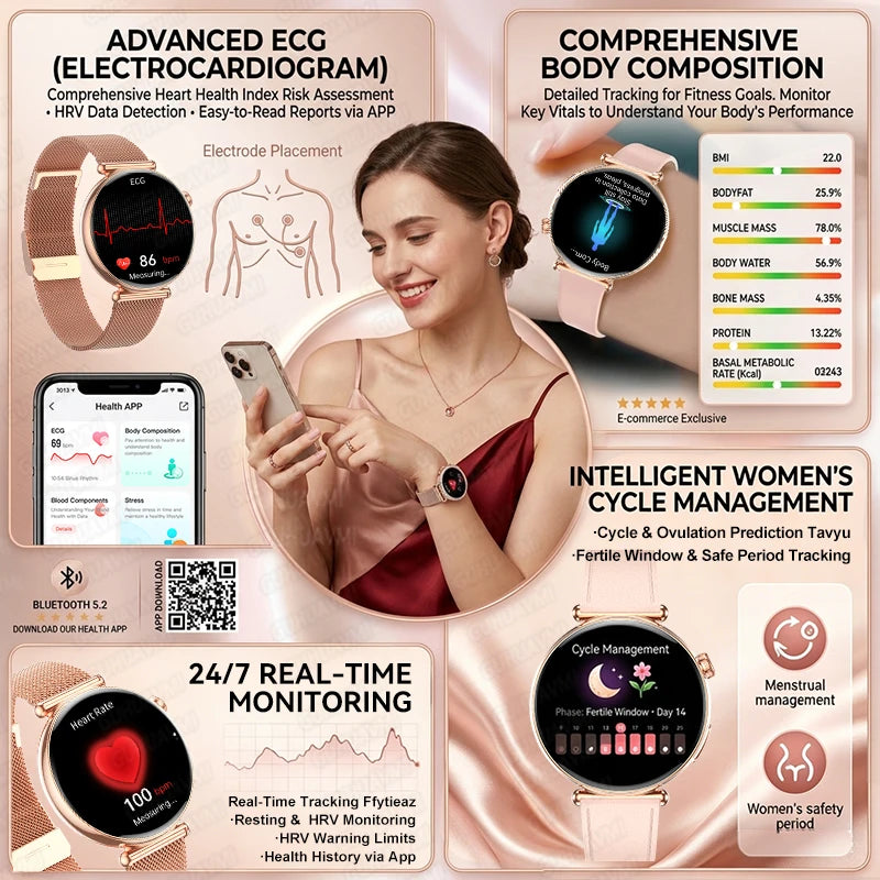 2026 New Women AI Smart Diagnosis Smart Watch HRV+ECG Uric Acid Blood Oxygen Health Monitor IP68 Waterproof Sports Smart Watches