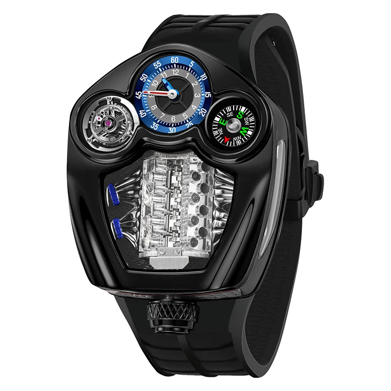 PINDU Engine Series Stainless Steel Compass Watch + Box