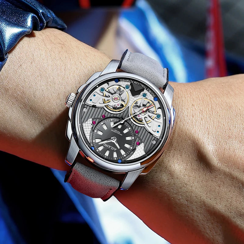 AILANG Business Mechanical Watches Men Top Brand Luxury Leather Waterproof Double Tourbillon Watch For Men Automatic Wristwatch
