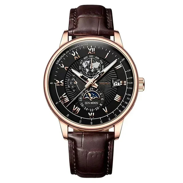 Men's leather strap watch with date display and luminous dial