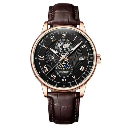 Men's leather strap watch with date display and luminous dial