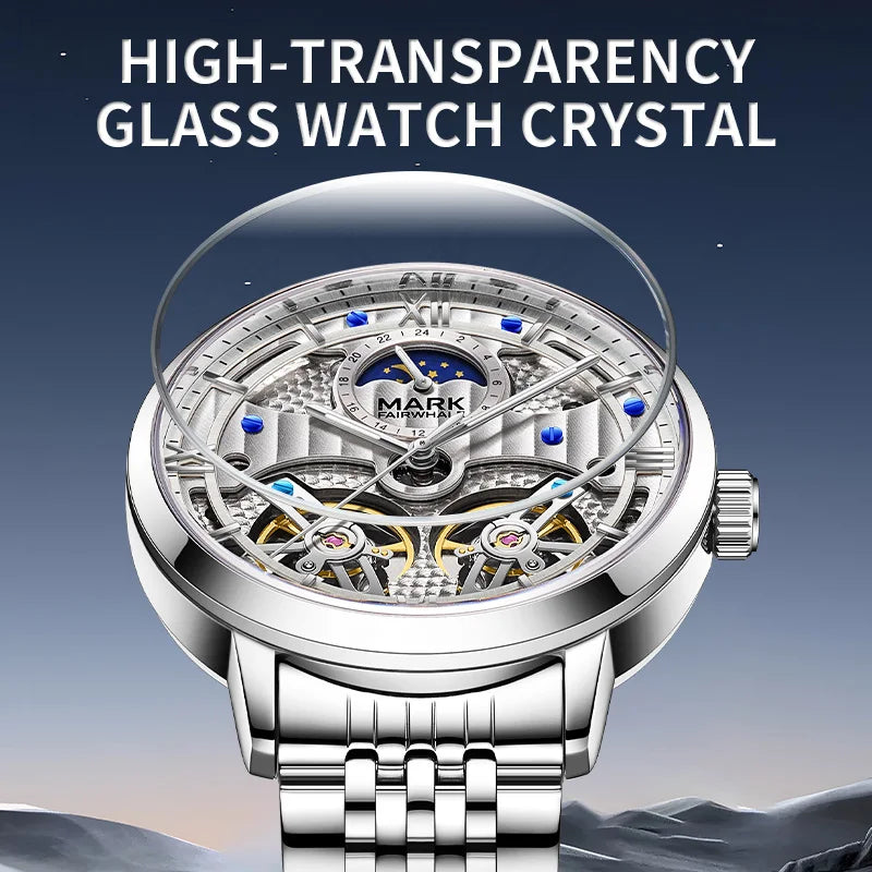 Mark Fairwhale 6023 Luxury Quartz Steel Strip Automatic Movement Watch Waterproof Double Tourbillon Moonphase Watches for Men