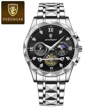 POEDAGAR Montre-bracelet homme de haute qualité en acier inoxydable, chronographe, pour affaires, étanche, lumineuse, à quartz
