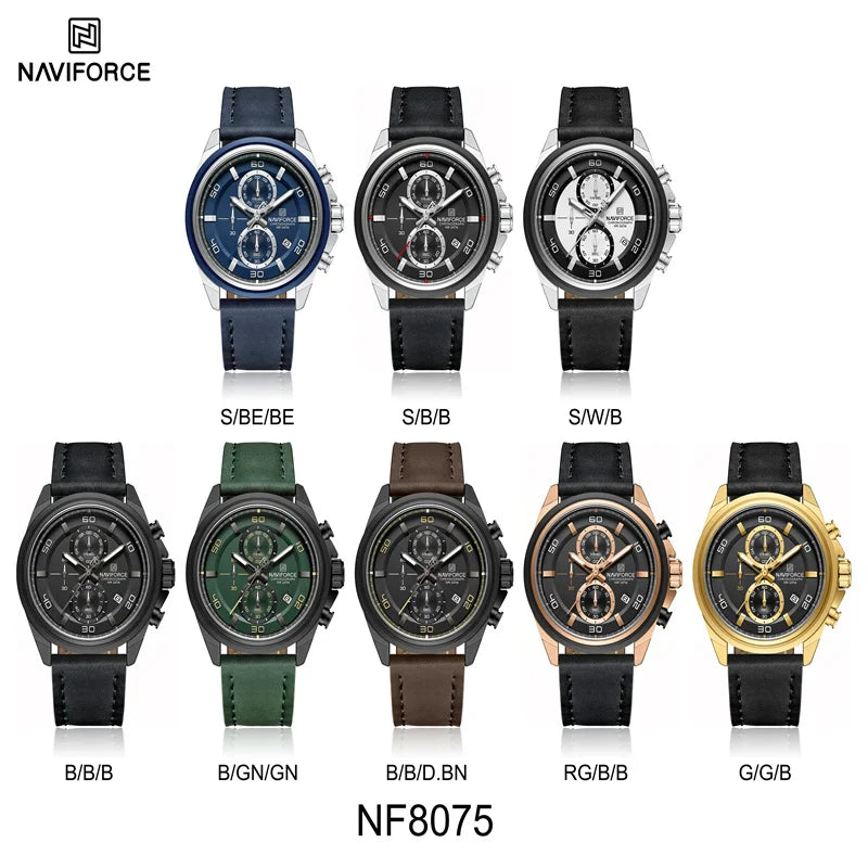 Montre homme décontractée NAVIFORCE Résistante à l'eau 3 ATM, calendrier, cadran lumineux avec bracelet en cuir, cadeau, design original