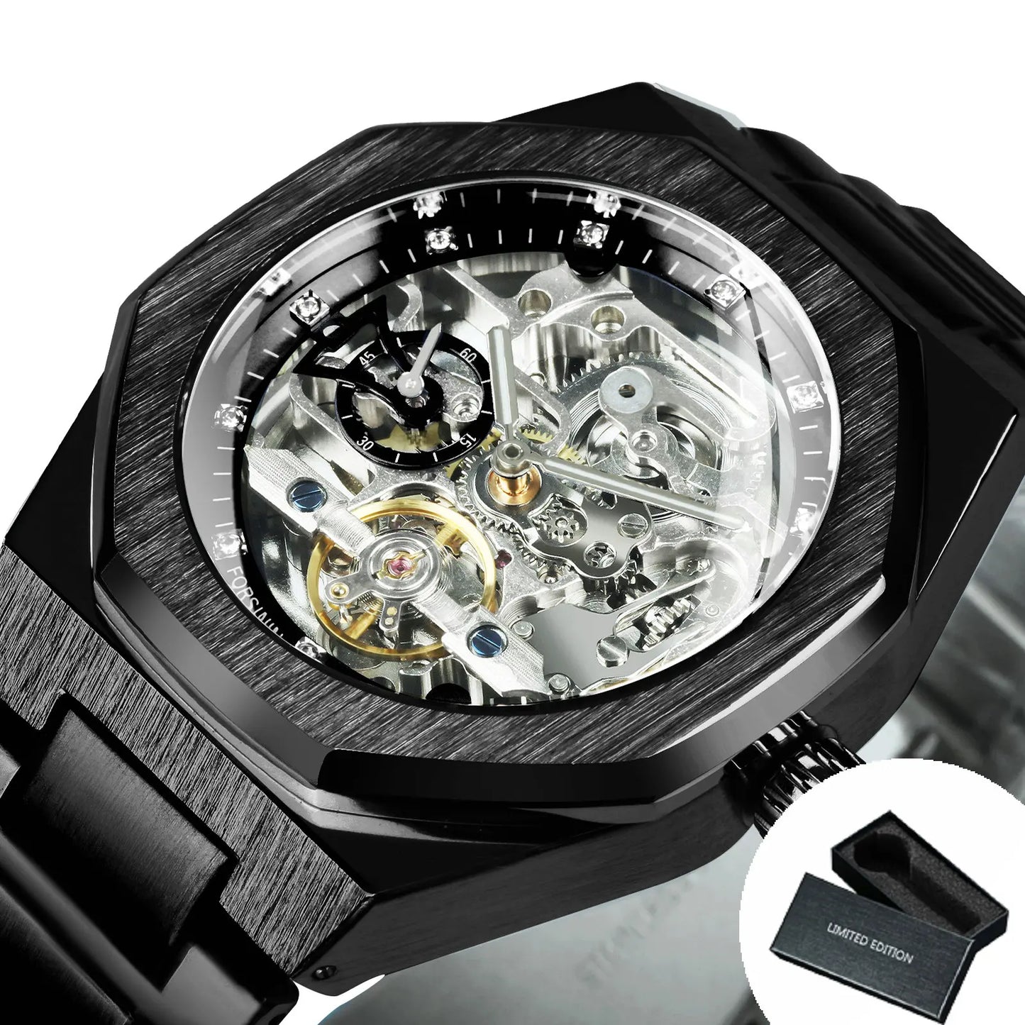 Forsining Montre automatique homme argentée 3D cadran diamanté Tourbillon irrégulier Squelette montres-bracelets mécaniques Aiguilles lumineuses Horloge