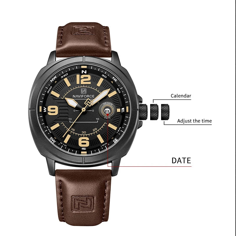 Montres à quartz de mode NAVIFORCE pour hommes, étanches 3ATM, affichage lumineux, cadran boussole classique, bracelet respirant en PU