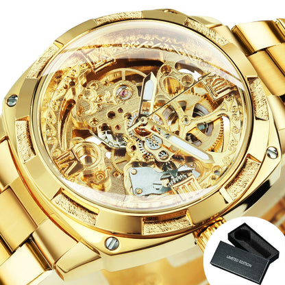 Forsining Square Skeleton Mechanical Watches Luxury Engraved Movement Retro Automatic Watch for Men Steel Strap Luminous Hands