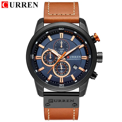 CURREN 8291 Montre Bracelet Homme Quartz Chronographe Cuir Décontracté Militaire Sport Mode Gentleman