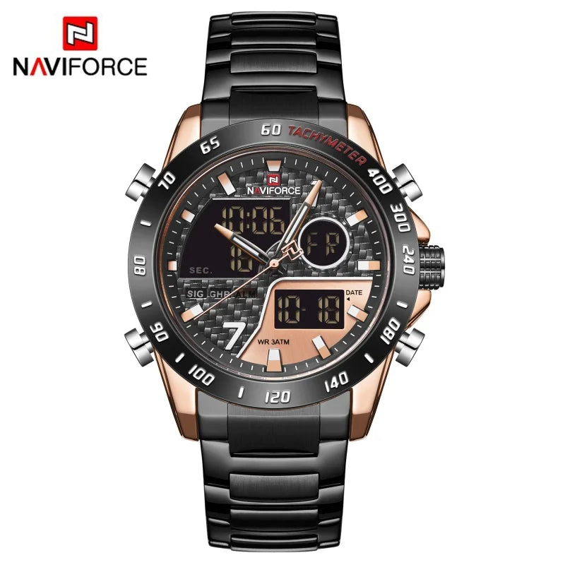 Montres NAVIFORCE Hommes Quartz Double Affichage Lumineux Bracelet en Acier Inoxydable Montre-Bracelet Masculine Affaires Quotidiennes Cadeaux Fête des Pères