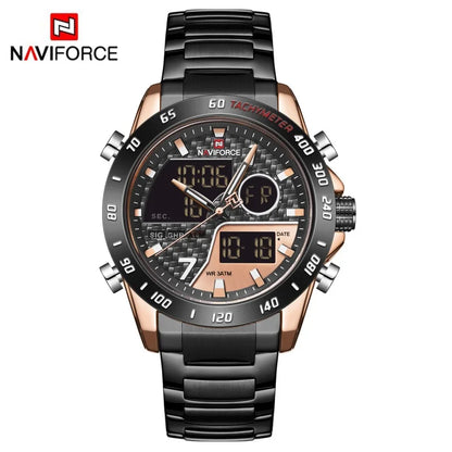 Montres NAVIFORCE Hommes Quartz Double Affichage Lumineux Bracelet en Acier Inoxydable Montre-Bracelet Masculine Affaires Quotidiennes Cadeaux Fête des Pères