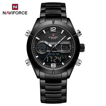 Montre de sport militaire de luxe NAVIFORCE pour hommes, lumineuse, étanche, bracelet en acier, affichage double numérique à quartz, montre-bracelet masculine.