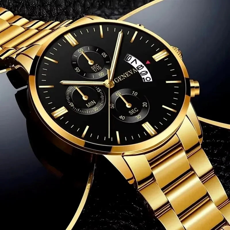 Men's stainless steel watch with calendar display and classic dial