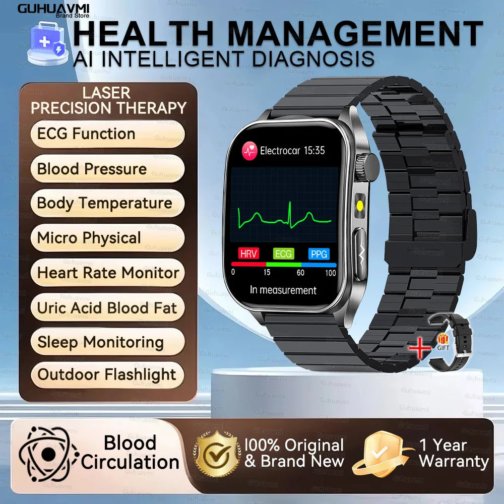 Montre Intelligente de Santé 2026 Thérapie Laser Réduction des Trois Hyper (Tension, Glycémie, Lipides) Oxygène Sanguin Pression Acide Urique ECG Montre Connectée pour Homme
