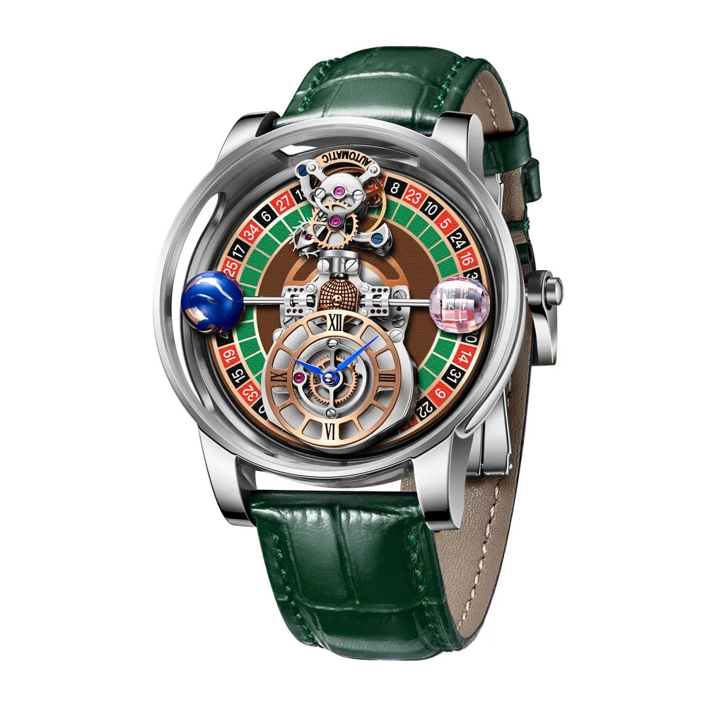 HAEMMER Celestial Roulette watch with transparent hollow dial and leather strap