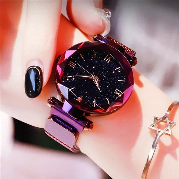 Montres Femme Ciel Étoilé Boucle Magnétique Ceinture en Maille Diamant Montre à Quartz Robe Horloge