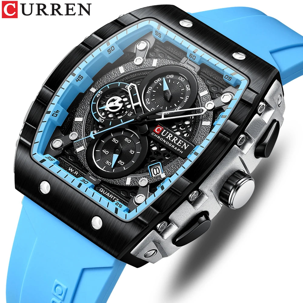 CURREN Tonneau Dial Chronograph Watch with Yellow Silicone Strap