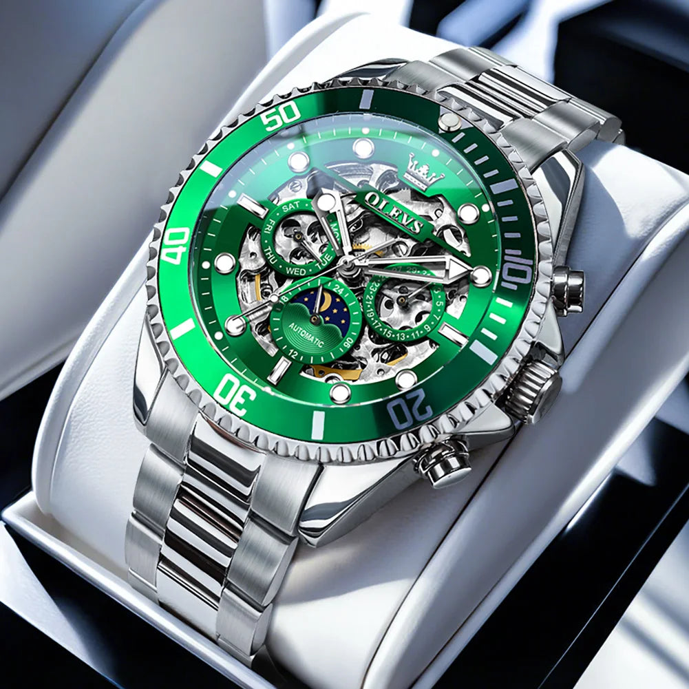 OLEVS 6715 Montre Homme Évidée Date Automatique Mécanique Pour Hommes 43mm Grand Cadran Phase de Lune Montre-Bracelet Étanche Tendance Pour Homme