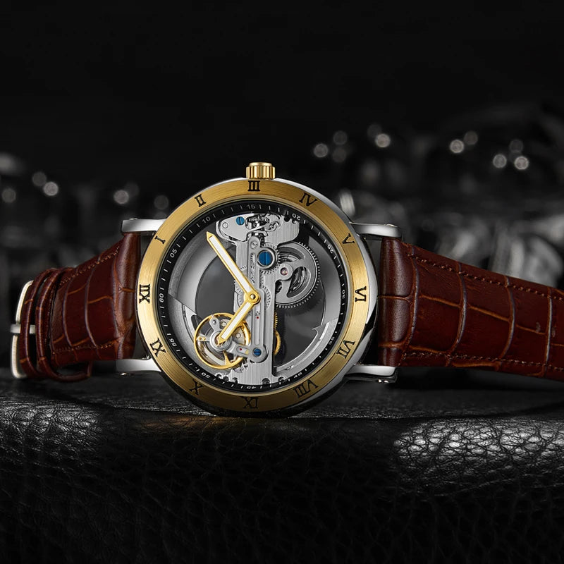 Skeleton automatic watch with leather strap and open-work dial