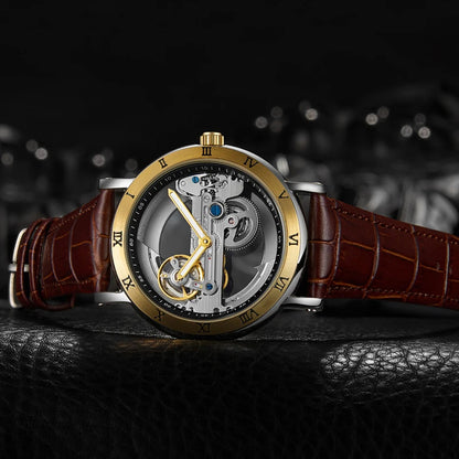 Skeleton automatic watch with leather strap and open-work dial