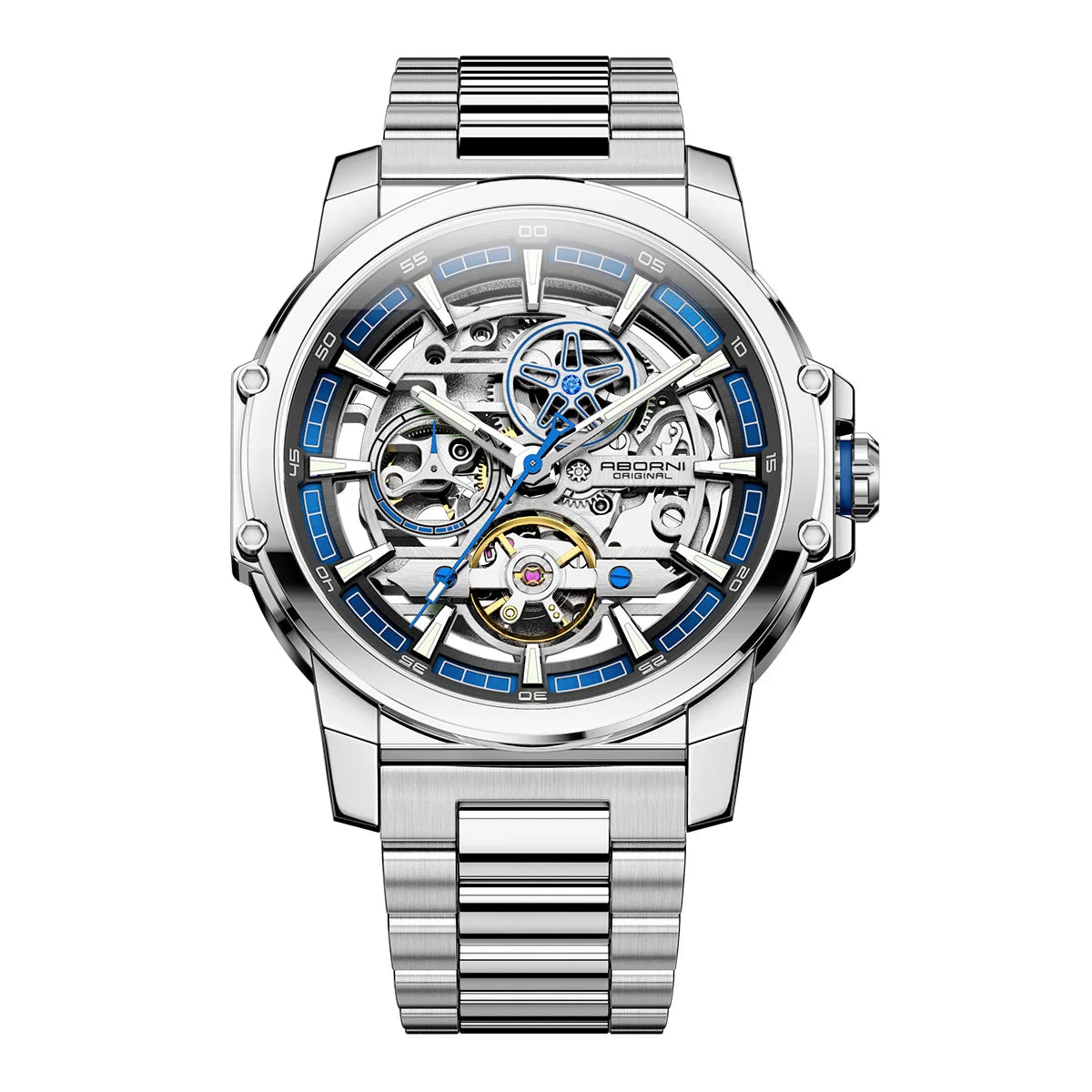 ABORNI 9039 Unique Design Skeleton Dial Tourbillon Men Watch Stainless Steel Waterproof Luxury Automatic Mechanical Men's Watch