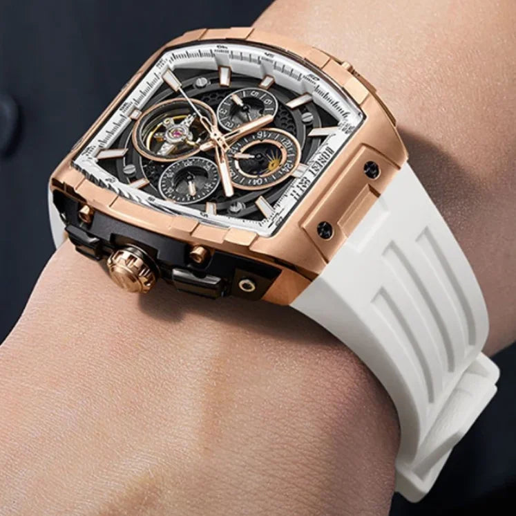 BONEST GATTI Montre Automatique Homme 47 mm Tonneau Mécanique Étanche Saphir Lumineux Multi-Cadrans Jour Date 24 Heures
