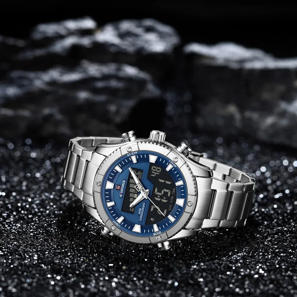 Montre NAVIFORCE Originale Neuve pour Hommes Double Affichage Heure Étanche Acier Inoxydable Multifonction Compte à Rebours Sports Réveil