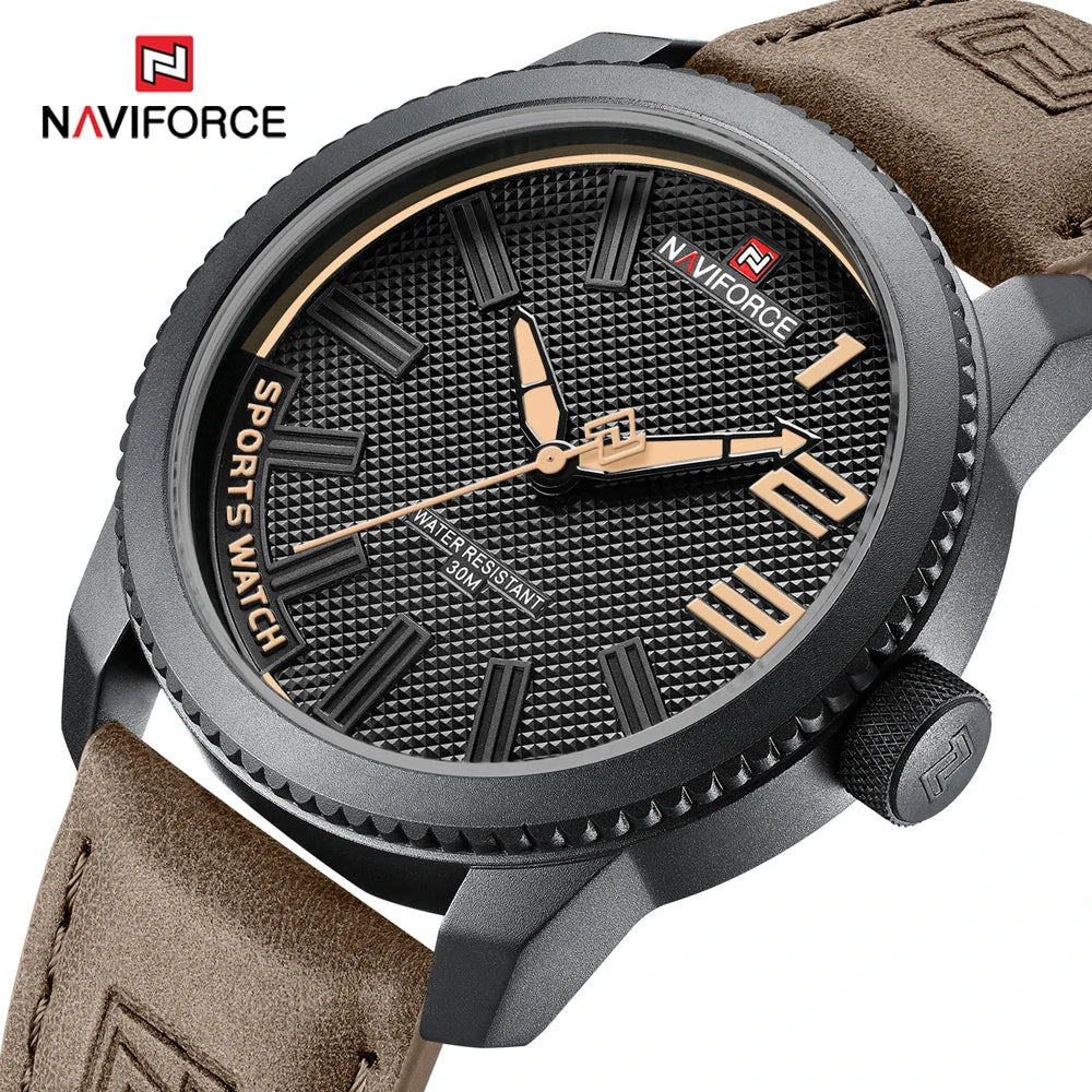 NAVIFORCE – Montre de sport homme de luxe de marque, montre-bracelet décontractée à quartz, étanche, en cuir analogique avec date