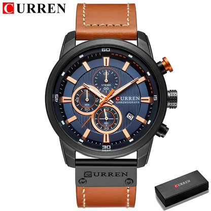 CURREN 8291 Montre Bracelet Homme Quartz Chronographe Cuir Décontracté Militaire Sport Mode Gentleman