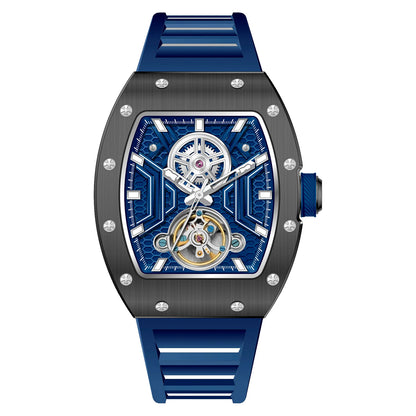 CHANCE Men Wristwatch Fashion Black Waterproof Automatic Mechanical Watch with Luminous Hands Silicone Strap Tonneau Dial