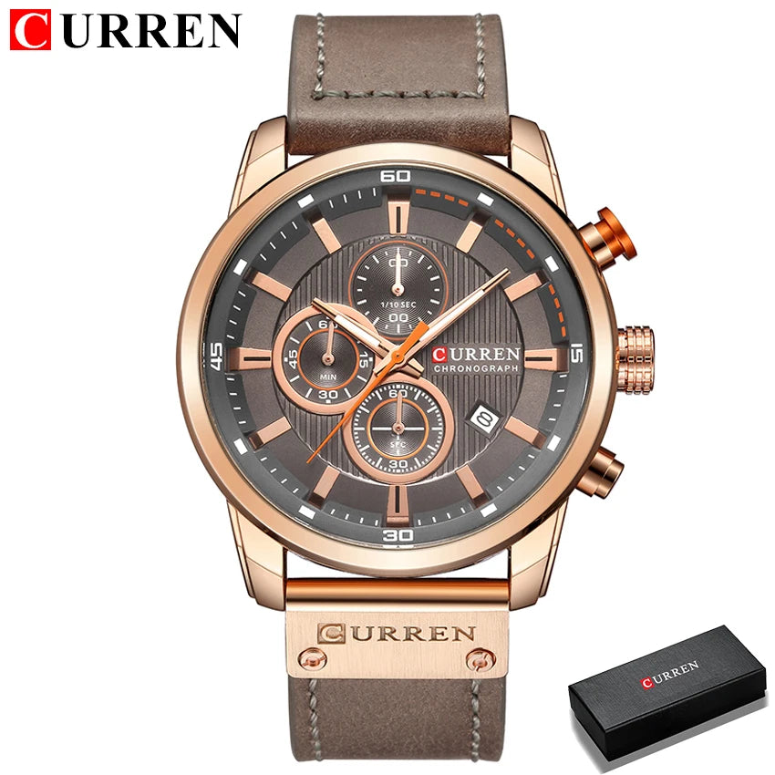 CURREN 8291 Montre Bracelet Homme Quartz Chronographe Cuir Décontracté Militaire Sport Mode Gentleman