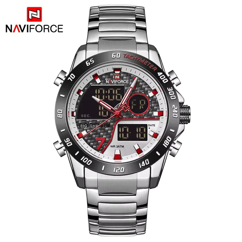 NAVIFORCE Montre-bracelet de luxe pour homme, montres de sport militaires numériques pour homme, bracelet en acier, horloge à quartz, Relogio Masculino