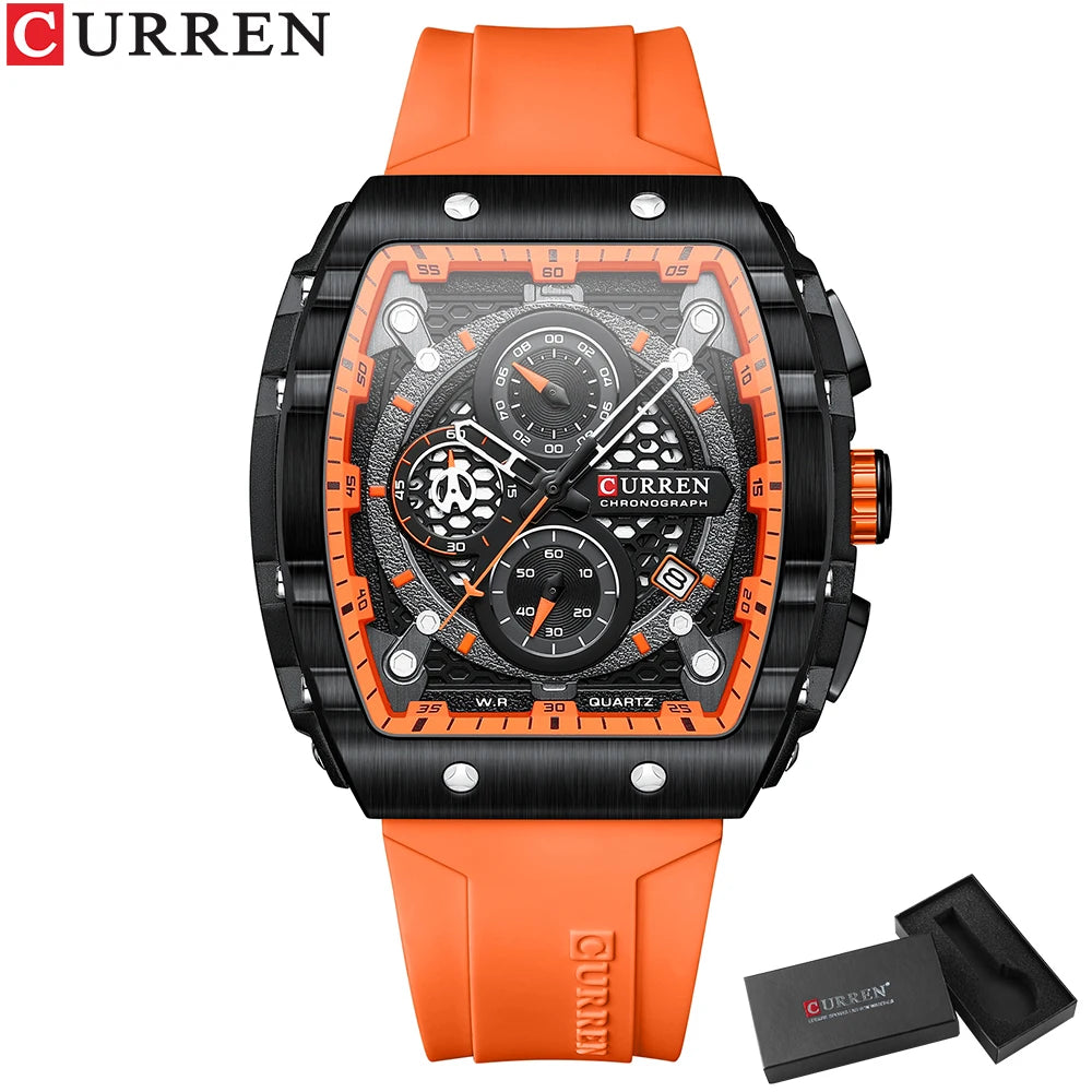 CURREN Tonneau Dial Chronograph Watch with Yellow Silicone Strap