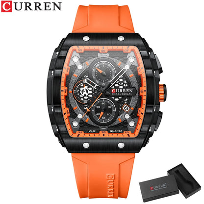 CURREN Tonneau Dial Chronograph Watch with Yellow Silicone Strap