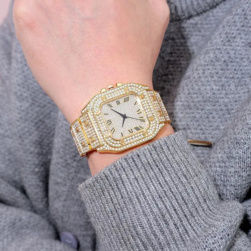 Montre de luxe pour hommes, bracelet élégant en alliage, montre à quartz, date, diamant, or, style Hip Hop Montre Homme
