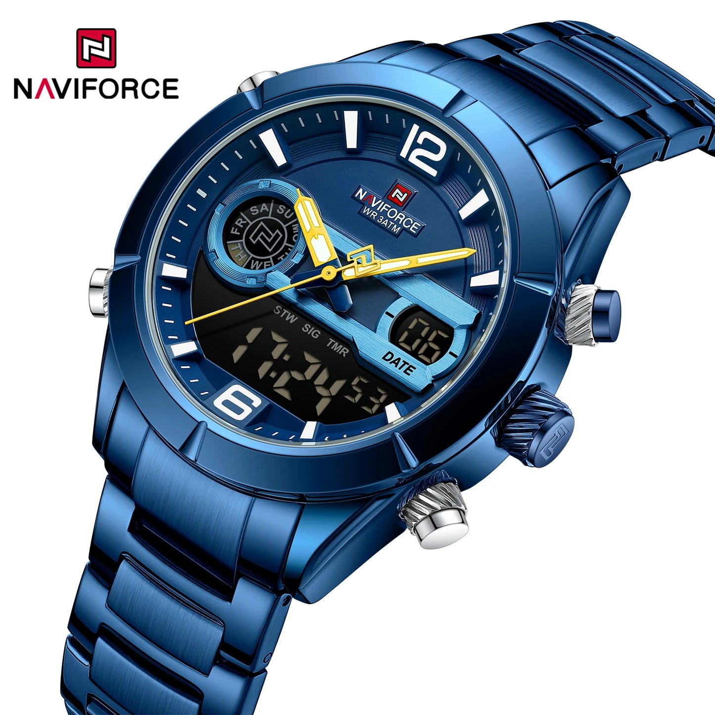 Montre de sport militaire de luxe NAVIFORCE pour hommes, lumineuse, étanche, bracelet en acier, affichage double numérique à quartz, montre-bracelet masculine.