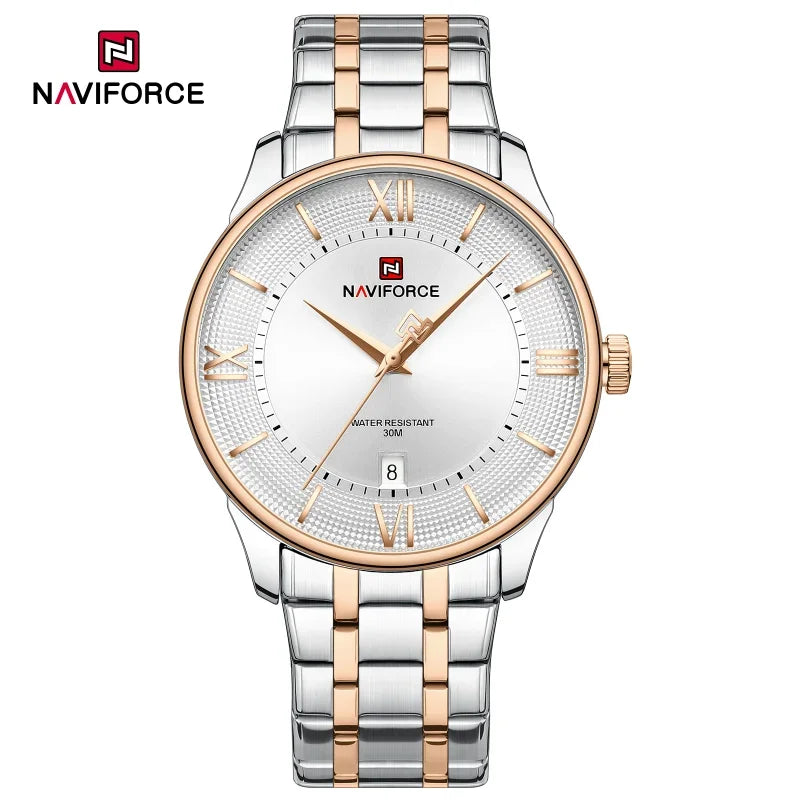 NAVIFORCE Nouvelle Montre à Quartz pour Homme avec Bracelet en Acier Inoxydable, Calendrier, Modèle Business Décontracté, Étanche et Antichoc