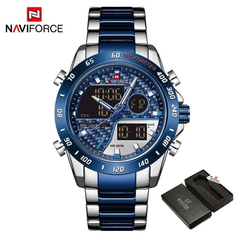 NAVIFORCE Montre-bracelet de luxe pour homme, montres de sport militaires numériques pour homme, bracelet en acier, horloge à quartz, Relogio Masculino