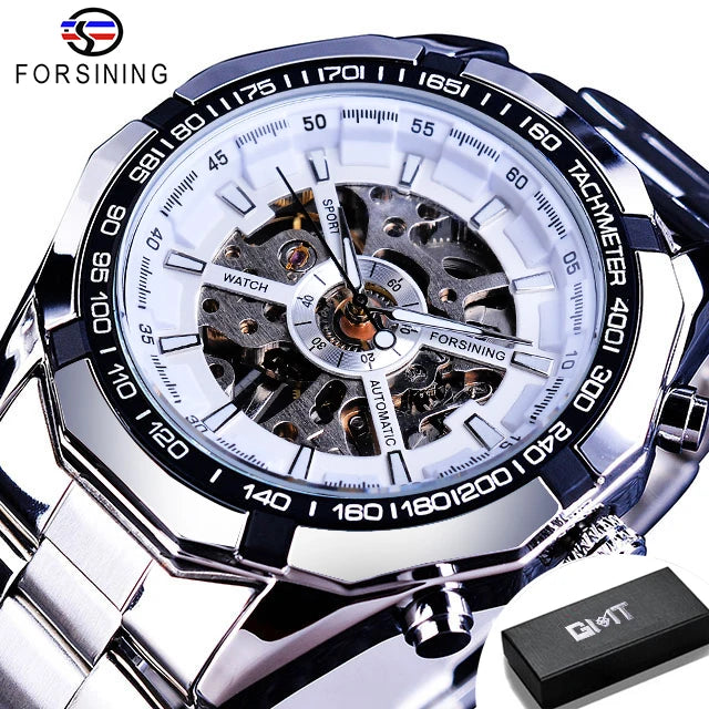 Forsining 2025 Montres Homme Squelette en Acier Inoxydable Étanche Marque de Luxe Transparente Mécanique Sport Montres-bracelets pour Hommes