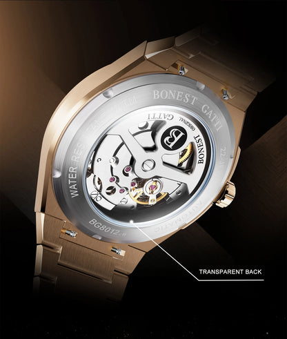 Montre Automatique Homme BONEST GATTI Luxe 39mm Mécanique Étanche 50M Saphir Lumineuse