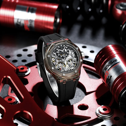 Double Tourbillon Design Luxury Men's Watch Yellow Transparent Case Rubber Fashion Style Leisure Automatic Mechanical Watch Men