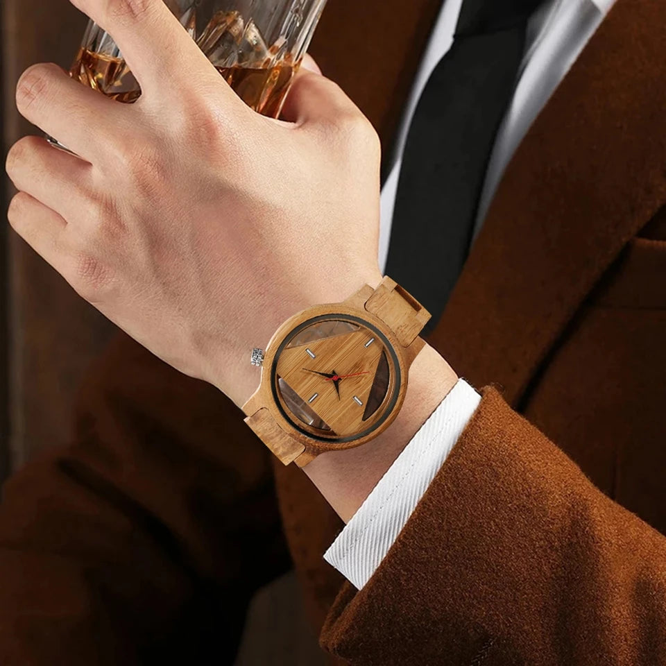 Bobo Bird Geometric  Watches Superb Inverted Triangle Bamboo Wooden Band Clock Male Full Wooden Quartz Wristwatches