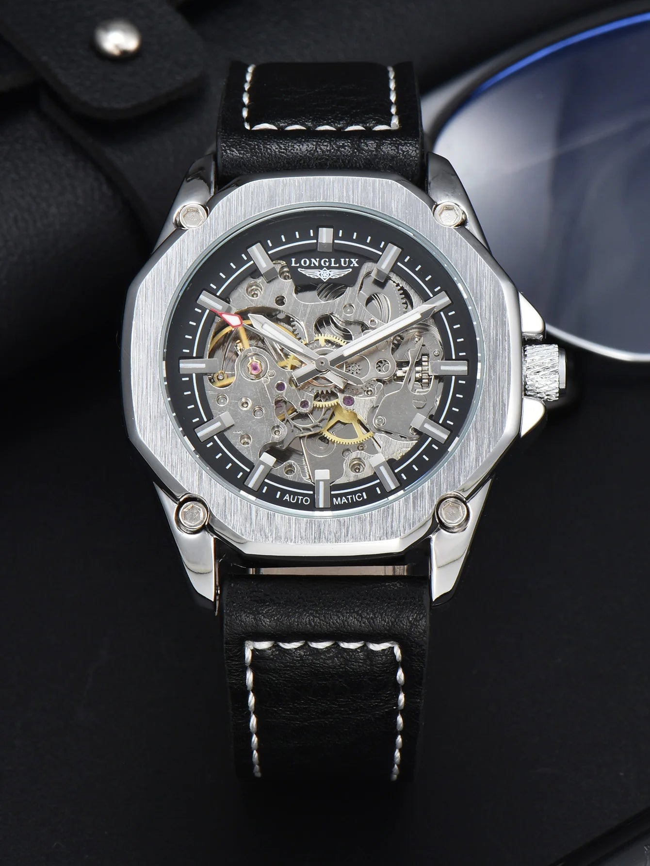 Men automatic watch waterproof sport skeleton mechanical watches outdoors fashion leather mens watch boyfriend gift